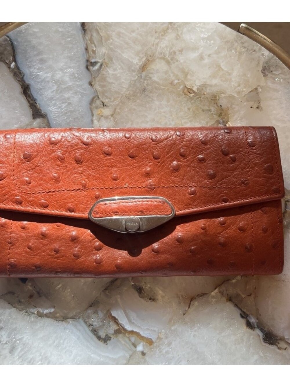 Furla Italy Orange Ostrich Embossed Leather Continental Wallet Clutch Long